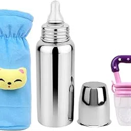 fashion Minis Stainless Steel Feeding Bottle for New Born Baby with Cover Standard Baby Feeding Bottle with Silicon Nipple-250ml (Sky-Purple)-picture-18