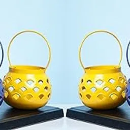 METALMASTERY Metal Handcrafted Tealight Candle Holder Hanging Candle Stand Decorations Items for Home Living Room Bedroom (Yellow and Nevy Blue) (Set of 2)-picture-18