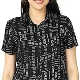 never neud Women's Rayon Loose Fit Crop Shirt, Urban Vacay Casual Shirt for Women, Collared Neck, Half Sleeves Crop Top, Graphic Black-picture-46