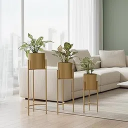 Amazon Basics Metal Floor Planter Stands, Set of 3 Tall Indoor Plant Stands with Pots in Gold Finish for Living Room and Bedroom-image-62
