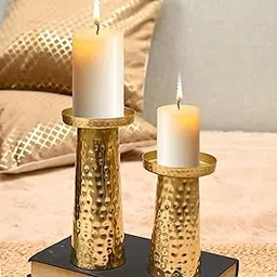 Handcrafted Hammered Metal Pillar Candle Holders, Wedding Centerpieces Metal Candle Holder | Candle Stand for Diwali Festival, Home Decor, Table Decoration, Gift | Colour Golden Set of 2-picture-19