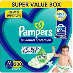 Pampers Complete Skin Comfort Pants, Anti-rash blanket, Lotion with Vitamin E & Aloe Vera, Medium size baby Diapers, (M) 200 Count, 7-12kg-picture-59