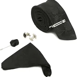 louis stitch Mens Floral Black Italian Silk Necktie Set With Pocket Square Cufflinks Brooch Tie (Suit Accessories) (Czech)-picture-52