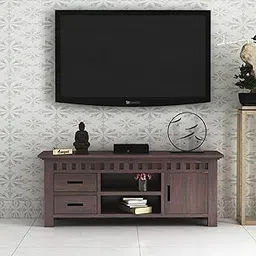 Ganpati Arts Sheesham Wood TV Entertainment Unit with Drawer and Shelves Storage Wooden TV Cabinet for Living Room Home (Walnut Finish) 1 Year Warranty-image-0