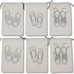 Pink Sparrow Cotton Fabric Shoe Covers with Drawstring Closure (Pack of 6, 16x10 Inch) Reusable & Washable Sandels/Travel Pouches, Handcrafted Doodle Shoes Bags, Footwear Storage Pouch, Off-White-picture-51