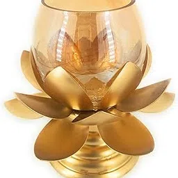 KAE Lotus Shape Candle Stand with Crakle Glass Holder for Home Decoration/Special Occasions Side Table Decoration Gift Set for Festival Decoration Gift Pack of 1-image-49