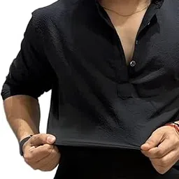 Cotton Blend Solid Casual Regular Fit Mandarin/Chinese Collor Short Kurta for Men-picture-33