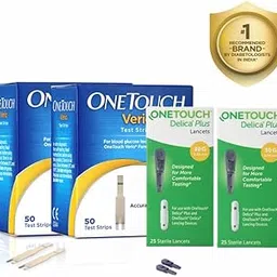 OneTouch Verio Test Strips | Pack of 100 Test Strips along with 50 Delica Plus Lancets | Blood Sugar Test Machine Testing Strips | Global Iconic Brand | For use with OneTouch Verio Flex Glucometer image 1