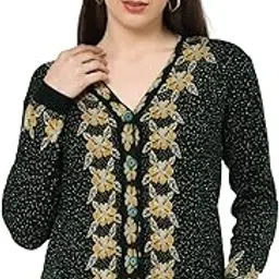 kalt Women Green Mustard Full Sleeves V Neck Floral Print Self Design Acrylic Jaqyard Cardigan Sweater-picture-26