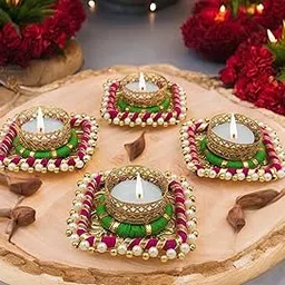 StayBuy™ Handmade Square Shape Tealight Candle Holder/Diya for Diwali Decoration/Home Decoration Set 04, Color-Pink & Green-picture-17