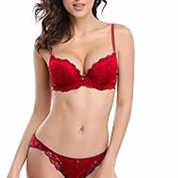 Solid Bra & Panty Set Lace Red 1 Bra,1 Panty 32C-picture-49