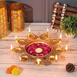 SWAY Home Decor Golden Metal Handcrafted Designer Diya Urli for Diwali with 9 Diyas Set-Traditional Decorative Bowl for Floating Flowers and Tea Light Candles, Diwali Urli, Decoration Items for Home-image-71
