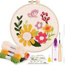 Pllieay Punch Needle Embroidery Starter Kit - Instructions, Fabric With Floral Pattern, Yarns, Hoops, Threader Tools For Rug-Punch & Pinch Needle - White-picture-17