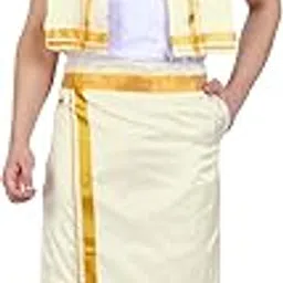 Mens Art Silk Double Layer Gold Jari Border Free Size Stitched Dhoti With Matching Jari Border Art Silk Angavastaram set for mens-image-99