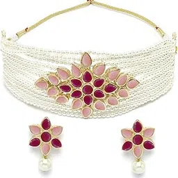 karatcart Gold Plated Pearl Beaded Royal Pink and Baby Pink Kundan Stone Choker Necklace Set-picture-57