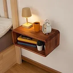 Craftware Curved Wooden Floating Nightstand,Wooden Bedside Table for Bedroom Nightstand Lamp Table Handmade Bedside Table Modern Floating Nightstands (Light Walnut)-image-4