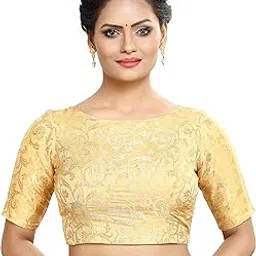 madhu fashion Women's Brocade Elbow Length Sleeve Readymade Stitched Saree Blouse-picture-38