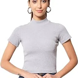 le bourgeois Women Girl High Neck Slim Fit Half Sleeve Ribbed Crop Top-picture-32