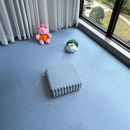 skjvxt 12 Pcs Interlocking Carpet，Puzzle Cotton and Linen Floor Mat，soft breathable machine washable suitable for bedroom, living room, children's room (Blue, 30 * 30 * 1cm)-picture-19