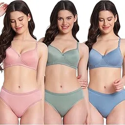 akhiyaan Women’s Undergarment Cotton Hosiery Full Cup Lightly Padded Everyday Wear with Adjustable Straps Bra Panty Set(Pack of 3)-picture-47