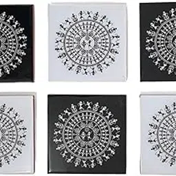 Bombay Vibe Decorative Enamel Coated Wooden Coasters with Warli Art, 10 cm Square, Black and White Design, Set of 6-picture-55