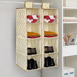 Kuber Industries Pack of 2 Shoe Rack | 4 Shelf Foldable Storage Rack | Clothes Hanging Organizer | Shoe Storage Organizer | Closet Organizer with Velcro | Cabinet Storage Rack | Check-Print | Cream-image-43