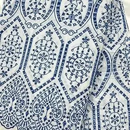 Schiffli Embroidered Fabric Blue and White Traditional Pattern100% Cotton Width : 54" (Blue, 2 mtr)-picture-26