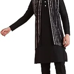 kisah Men's Kurta Jacket Set, Black Cotton Blend, Printed Regular Fit Long Sleeves Mandarin Collar-picture-18