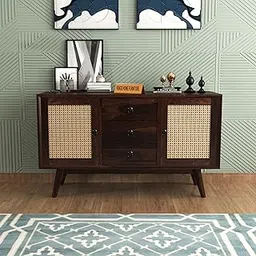 KINGS HOME FURNITURE Small Wooden Cabinet for Living Dining Drawing Bedroom & Office with 3 Drawer & 4 Rack - Solid Wood Sheesham Honey Finish Cabinet in Net Style (Walnut Finish)-image-6