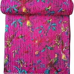 Creations Creations Traditional Ethnic Kantha Indian Bedding Emerald Cotton Tropical Fruit Hand Stitched Bedding Bed Cover by Textile art Creations Creations(90x108 Inch)-picture-25