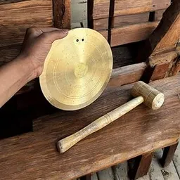 Brass Round Ghadiyal Ghanta Bell Plate with Wooden Hammer 8.5 Inch (in cm 21.59) Vijay Ghanta for School, Temple, and Pooja Use Traditional Brass Puja Bell Plate-picture-23