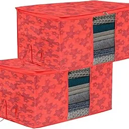 Kuber Industries Underbed Storage Bag | Clothes Storage Bag | Blanket Cover with Clear Window | Zipper Closure & Handle Cloth Organizer | New Flower-Design | Large | Pack of 2 | Red-picture-33
