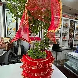 Tulsi M@TA Poshak Set with Lehenga & Chunari | Decorative Tulsi Plant Dress for Tulsi Vivah, Kartik Maas, Ekadashi | Net Fabric Poshak with Golden Lace for Tulsi Pot Decoration | Tulsi MATA (Red)-image-5