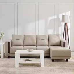 Modern L -Shaped Sofa 4 Seater Comfortable Cushion Back Padded Seat Flat Arms Velvet Fabric Upholstery Sectioal Sofa for Living Room, Bedroom, Guestroom, Hallways. (Beige, RHS)-picture-11