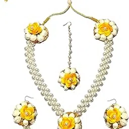pinoozclub Pearl & Flower Mehandi/Haldi Jwewllery Set For Women/Girls. (Yellow Set)-picture-18