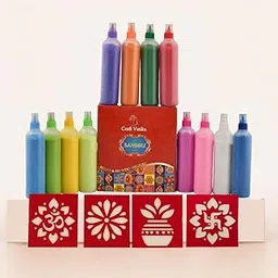 CraftVatika 12 Rangoli Colours Bottles Powder Tube Kit with 4 Paper Rangoli Stencils for Diwali Decor Items, Diwali Decoration Items Rangoli Maker for Rangoli Making Tools Kit, Pooja Decoration Items-picture-13