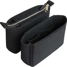 HyFanStr Felt Insert Bag Organizer with Zipper, Small Handbag Purse Organizer Tote Liner Pouch for Women, 2 Pcs Set Black-picture-18