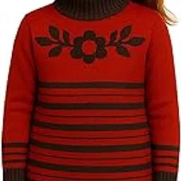 Girls Knit Sweater – Warm Winter Pullover with Floral Embroidery, Long Sleeve Striped Turtleneck for Kids (Dark Maroon, 12-14 Years)-picture-35
