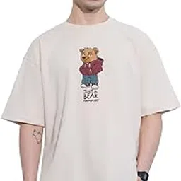 the souled store Oversized T-Shirt: Bear Minimum Men and Boys Short Sleeves Round Neck Beige Graphic Printed Cotton Oversized T-Shirts-picture-35