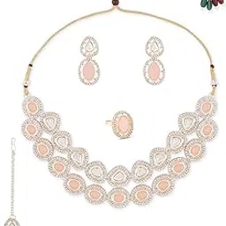 zaveri pearls Peach Double Layered Artificial Stones & Austrian Diamonds Necklace Earring Maangtikka & Ring Set For Women -ZPFK16489-picture-23
