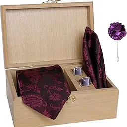 nu-lite Men's Micro Polyester Printed Necktie Set with Pocket Square, Brooch Pin and Cufflinks in Wooden Box (Free Size)-picture-31