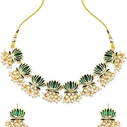 zyra jewels Lotus Floral Choker Necklace Set with Earrings Gold Plated Matte Finish, Red and Green Enamel with Pearls | Traditional Trendy Jewellry for Women and girls-picture-31