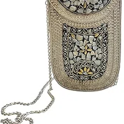 Vintage Style Metal Evening sling, Mother of Pearl Inlay, Silver Chain-picture-24