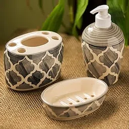 ExclusiveLane Moroccan Essentials Handpainted 3 Piece Ceramic Bathroom Accessory, Grey and Off White (Liquid Soap Dispenser, Soap Tray, Toothbrush Holder)-picture-48