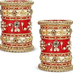 emery Red Bridal Chuda Bangles Set - Pack of 34, 7 Color Options (Red, Green, Blue, Aqua, Pink, Yellow, White), Kundan Zari Handwork, Weddings, Engagements, and Festivals-picture-33
