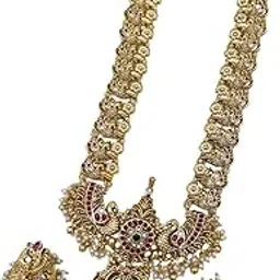 KGR Splash Gold Plated Antique Full Peacock Design red Color Stones White BEads HAngings Long Haram With Earrings-picture-54