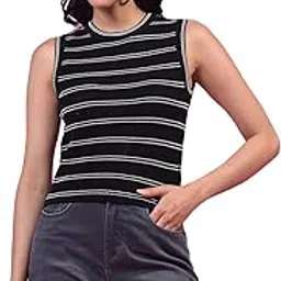 crimsoune club Women's Black Horizontal Stripes Sleeveless 100% Cotton Top-picture-38