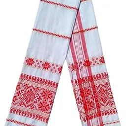 Traditional Assamese Gamcha, White and Red Pure Cotton Gamucha with Floral Pattern, Traditional Woven Design-picture-25