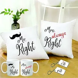 PICRAZEE Satin "Mr Right Mrs Always Right" Couple Gift Combo | Husband And Wife (2 Nos. Of 12"X12" Satin Cushion With Filler, 2 Nos. Mugs & 2 Nos. Keyrings) (1203)-picture-64