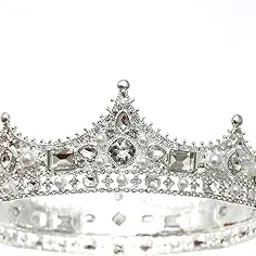 forseven King Crown for Men Crown Royal Costume Accessory Prom Tiara Baroque Vintage Crystal Pearl Bridal Wedding Tiaras Birthday Party Round Crowns (Silver)-picture-14